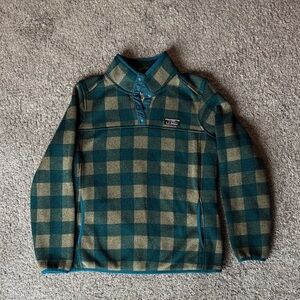 L.L. Bean Women’s Teal and Tan Plaid Zip-Quarter Fleece Sweater medium